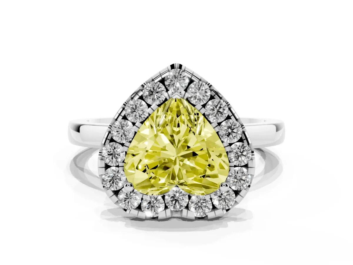 Fancy Yellow Heart Cut Halo Diamond Solitaire with Pavé Band and Four-Prong Setting White gold
