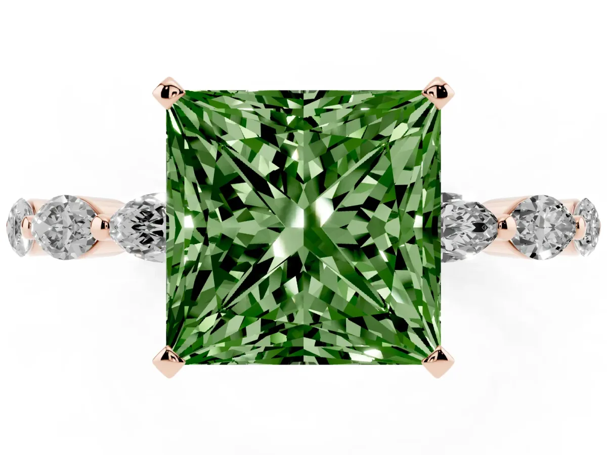 Fancy Green Princess Cut Diamond Ring with Marquise Side Stones and Prong Setting Rose gold