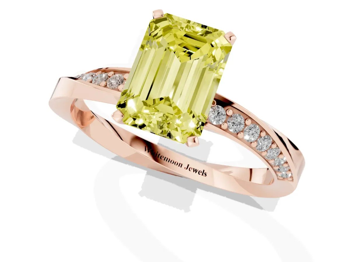 Fancy Yellow Emerald Cut Diamond Engagement Ring with Side Stone Accents and Four-Prong Setting Rose gold