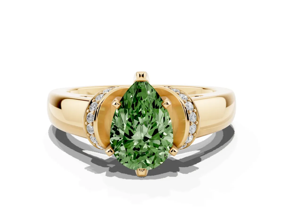 Fancy Green Pear Cut Solitaire Diamond Ring with Pave Band and Six-Prong Setting Yellow gold