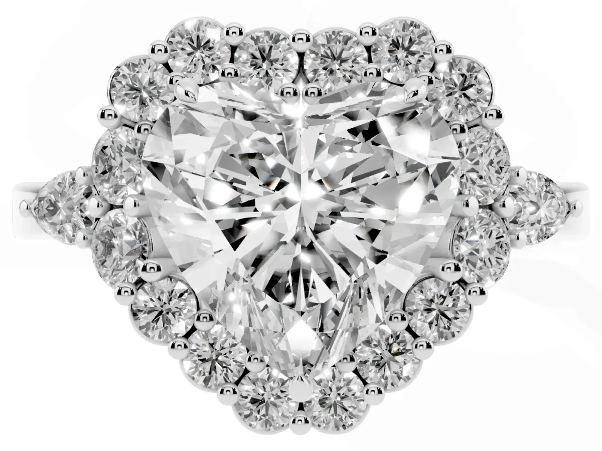 Heart Cut Diamond Halo Ring with Pear Side Stones and Prong Setting Silver