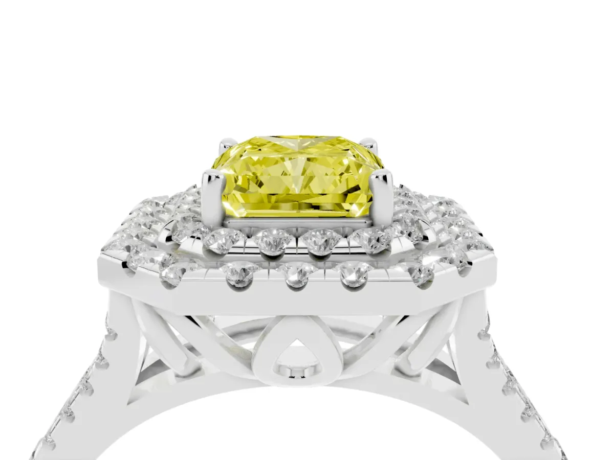 Fancy Yellow Double Halo Radiant Cut Diamond Pavé Split Shank Ring with Prong Setting Silver