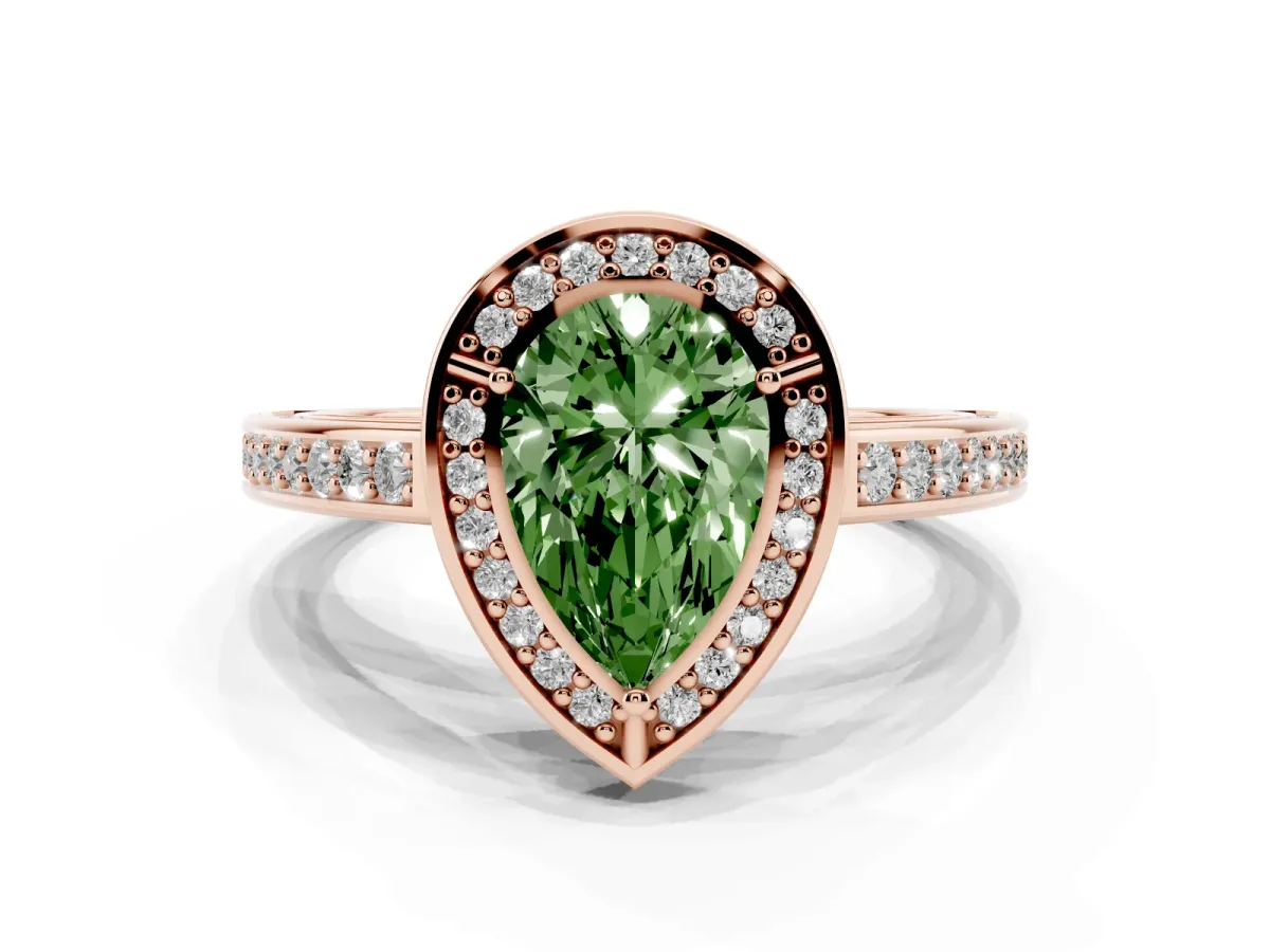 Fancy Green Pear Cut Cut Halo Pave Split Shank Prong Setting Ring Rose gold