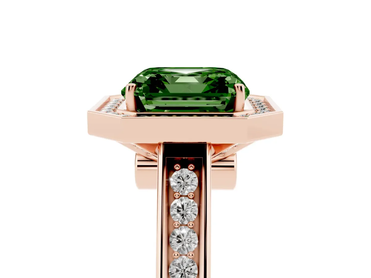 Fancy Green Asscher Cut Halo Solitaire Diamond Ring with Pave Band and Bezel Setting Rose gold
