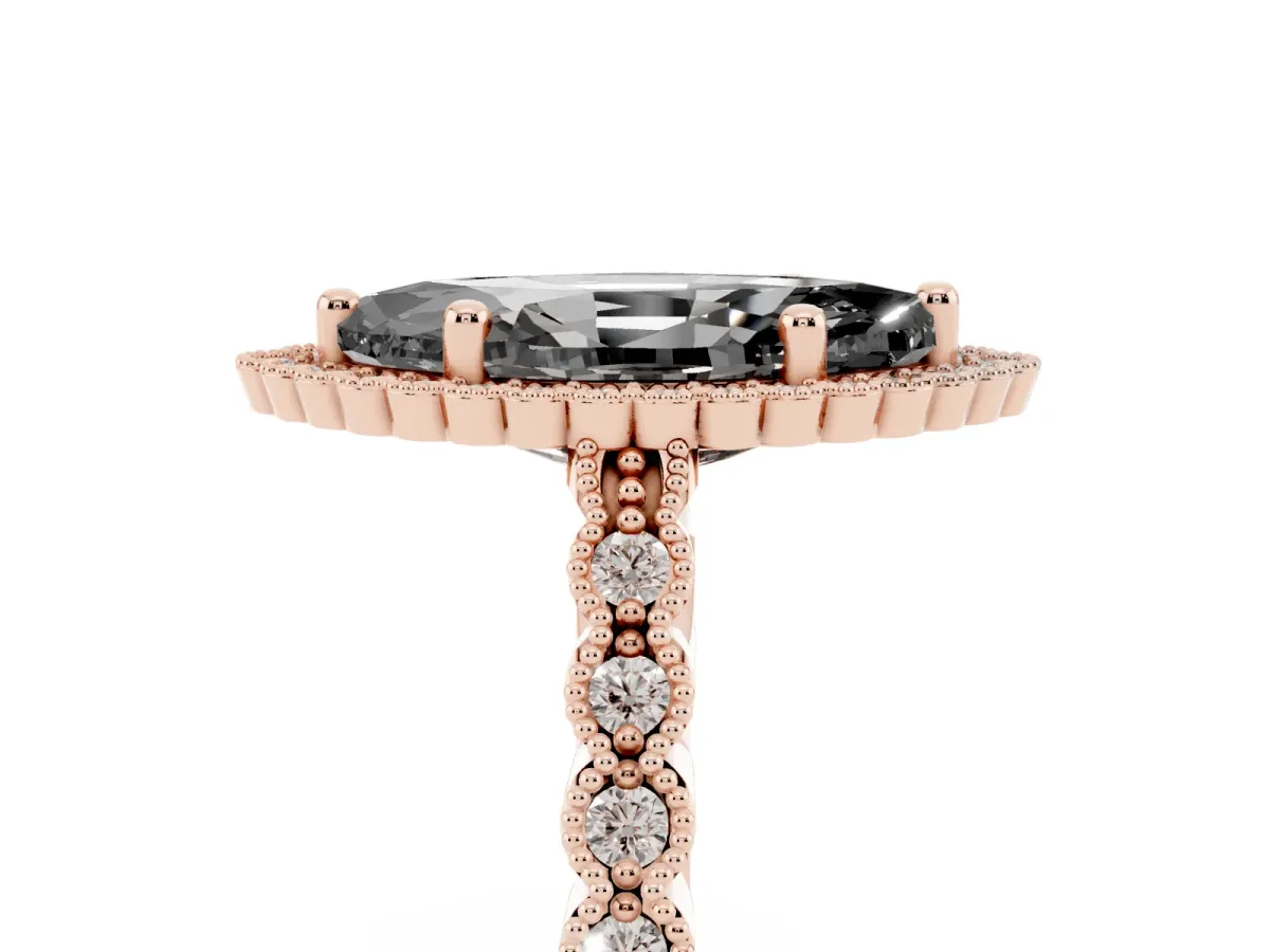 Fancy Black Marquise Cut Cut Halo Pavé Solitaire Ring with Milgrain Band Rose gold