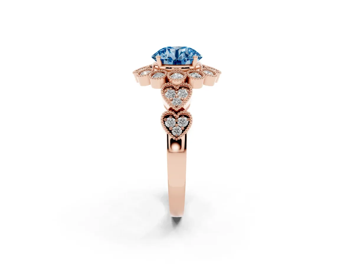 Fancy Blue Round Cut Brilliant Milgrain Pave Heart Band Solitaire Ring Rose gold