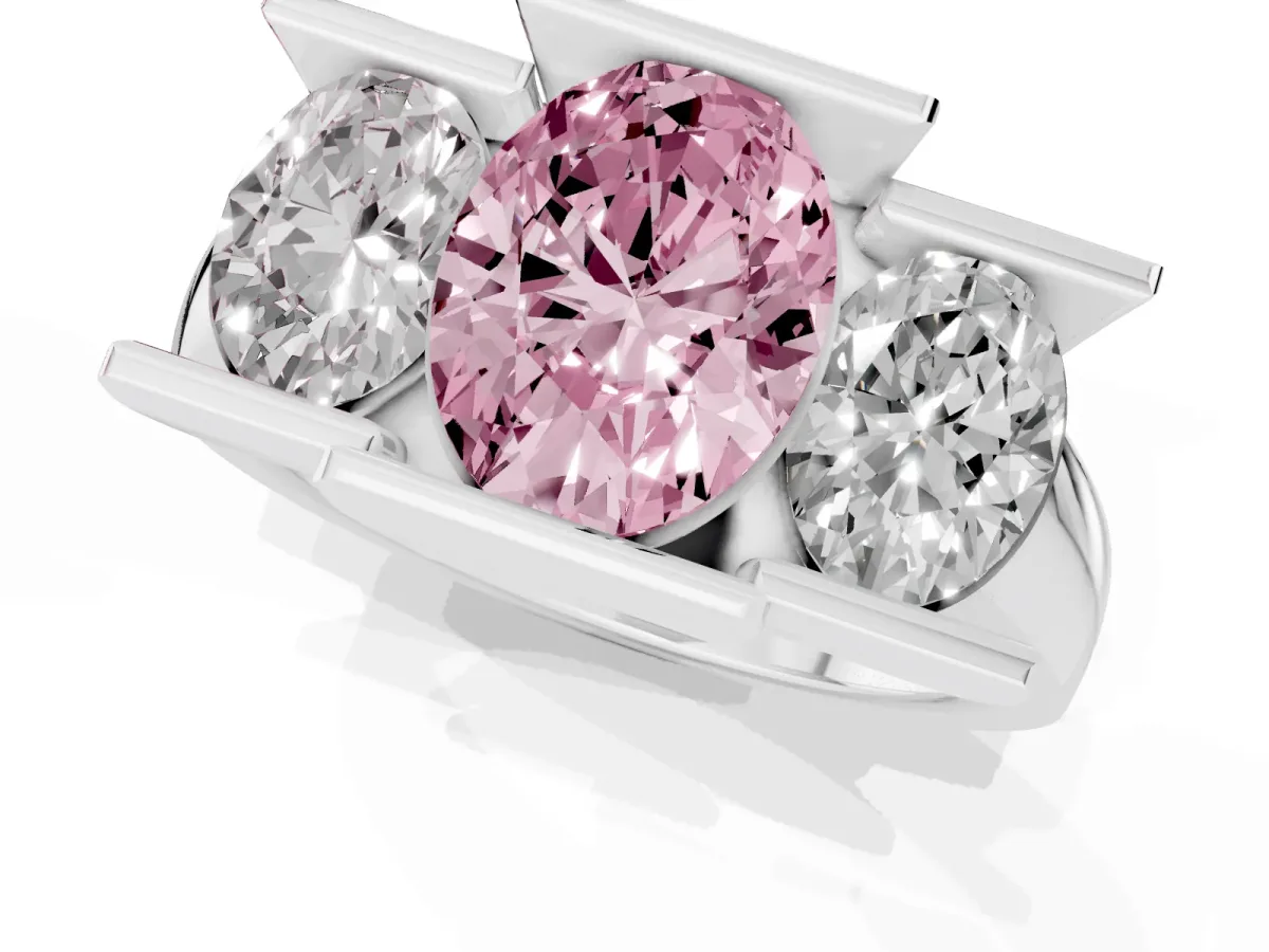 Fancy Pink Three Stone Oval Cut Cut Channel Set Diamond Ring Platinum