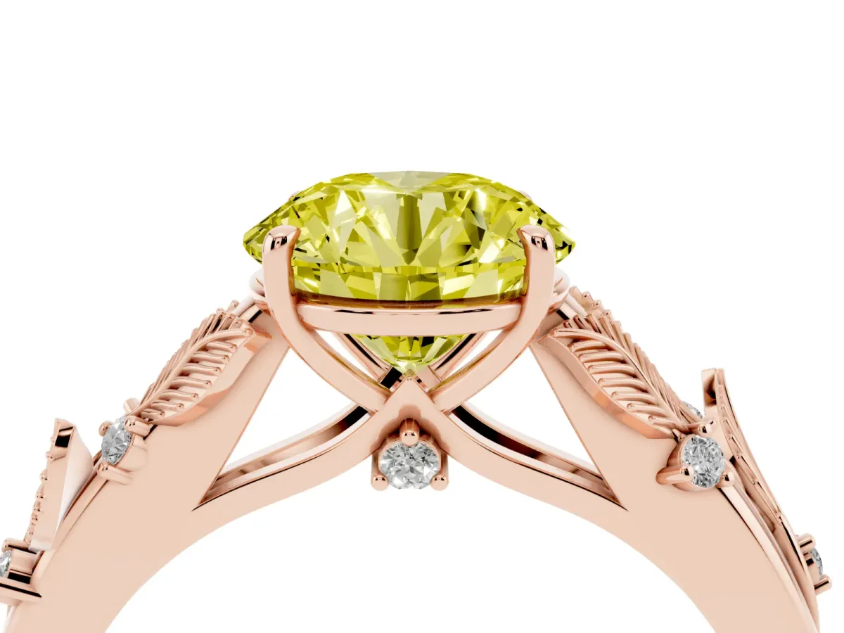 Fancy Yellow Round Cut Diamond Solitaire Ring with Leaf Motif Band and Four-Prong Setting Rose gold