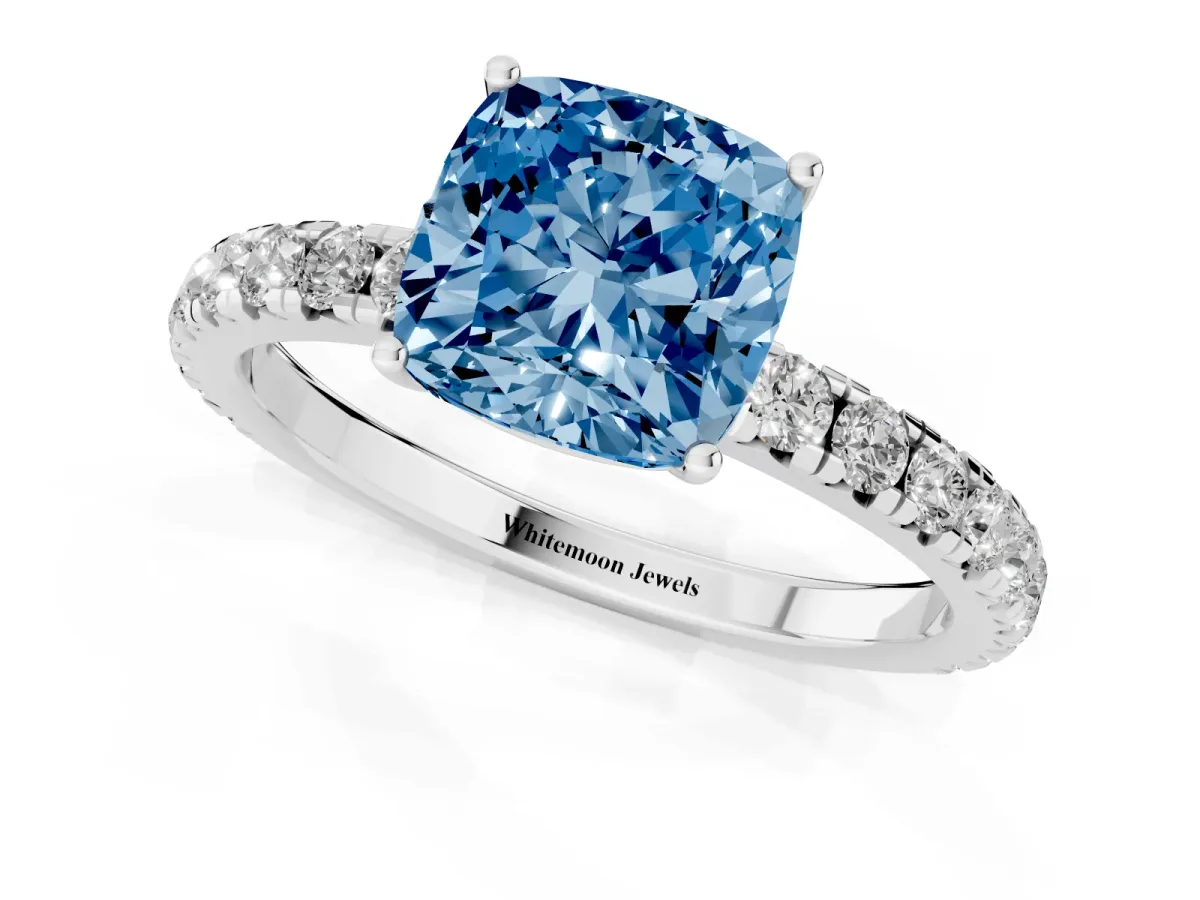 Fancy Blue Cushion Cut Diamond Pavé Solitaire Engagement Ring with Four-Prong Setting Silver