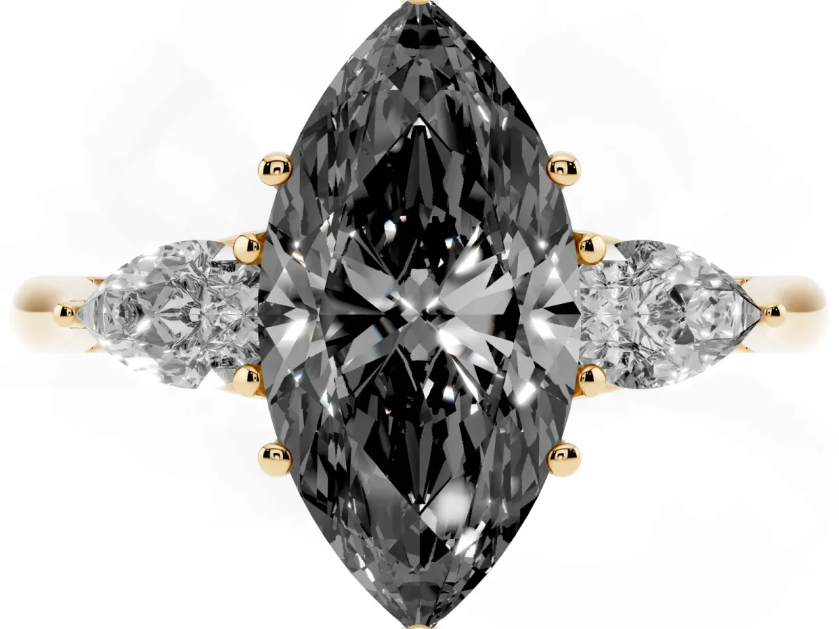 Fancy Black Marquise Cut Diamond Three-Stone Ring with Pear Side Stones and Prong Setting Yellow gold
