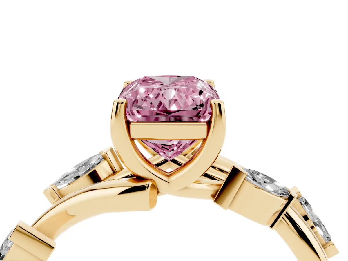 Fancy Pink Radiant Cut Solitaire Twisted Band Marquise Accent Prong Setting Ring Yellow gold