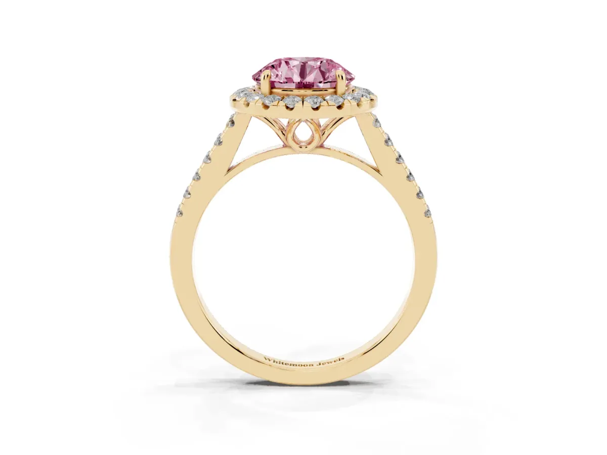 Fancy Pink Round Cut Halo Pavé Diamond Engagement Ring with Four-Prong Setting Yellow gold