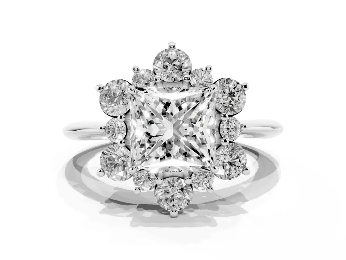 Princess Cut Diamond Cluster Halo Ring with Solitaire Band and Four-Prong Setting Silver