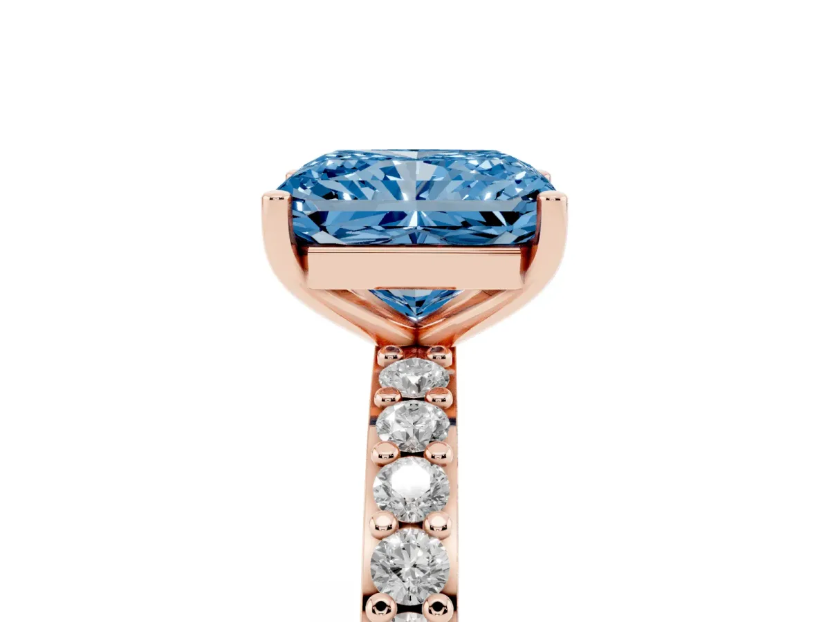 Fancy Blue Radiant Cut Cut Diamond Solitaire with Pave Band and Four-Prong Setting Rose gold