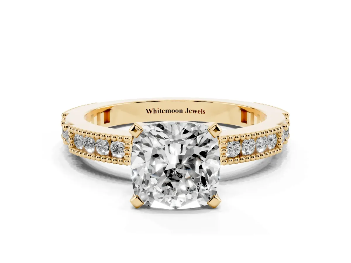 Cushion Cut Solitaire with Pavé Band and Four-Prong Setting Yellow gold
