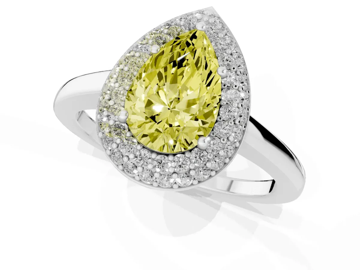 Fancy Yellow Pear Cut Halo Diamond Engagement Ring with Solitaire Band and Four-Prong Setting White gold
