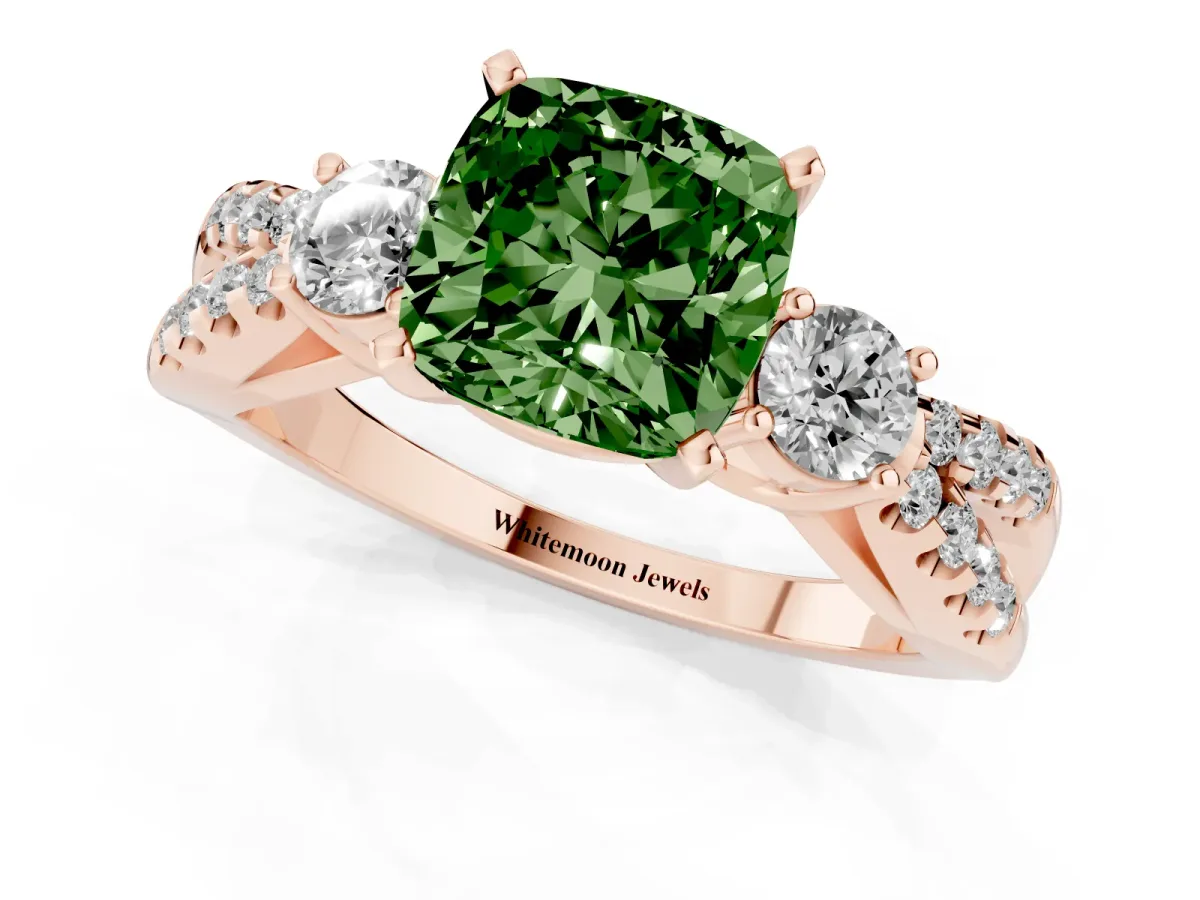 Fancy Green Cushion Cut Diamond Three-Stone Ring with Pavé Split Shank and Four-Prong Setting Rose gold