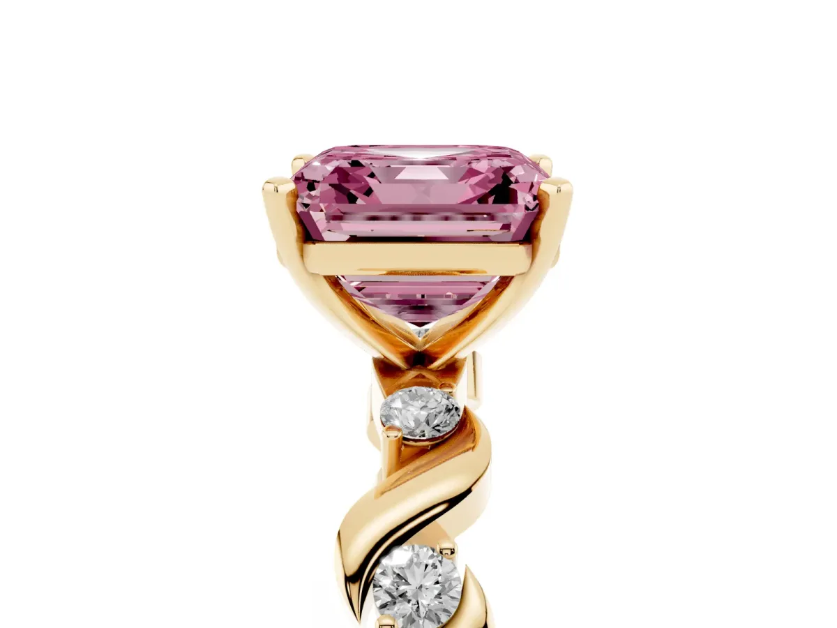 Fancy Pink Asscher Cut Diamond Solitaire Twisted Band with Round Accents and Prong Setting Yellow gold