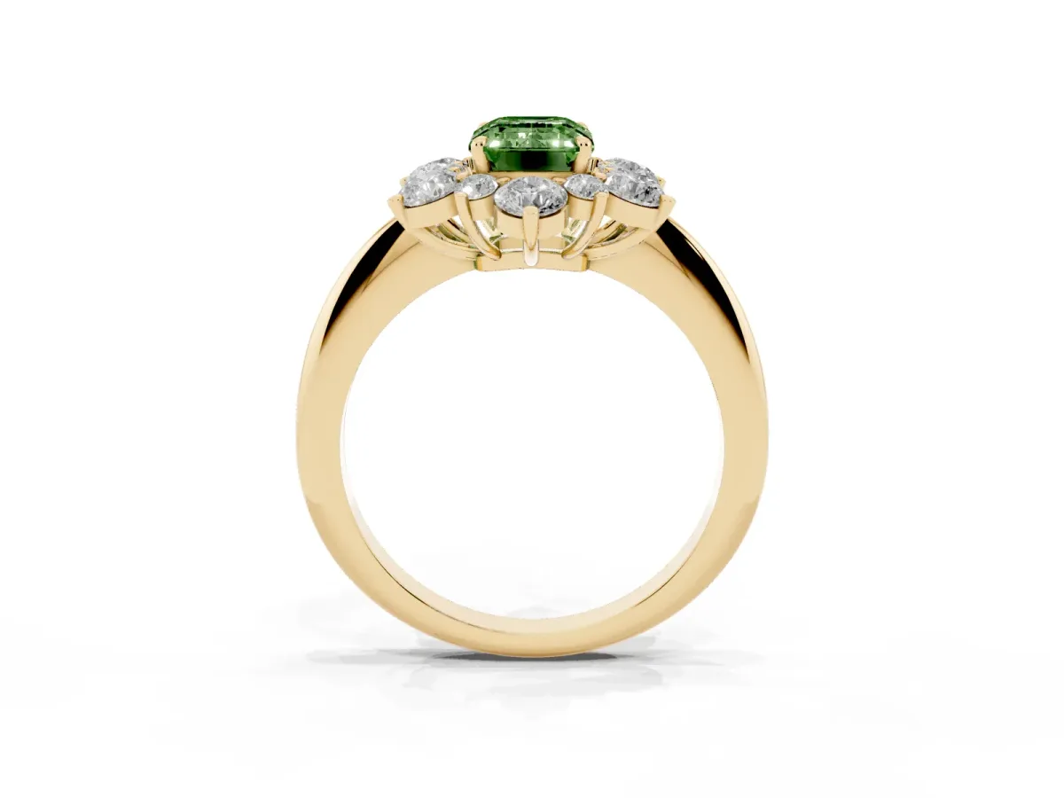 Fancy Green Emerald Cut Diamond Cluster Halo Ring with Solitaire Band and Four-Prong Setting Yellow gold