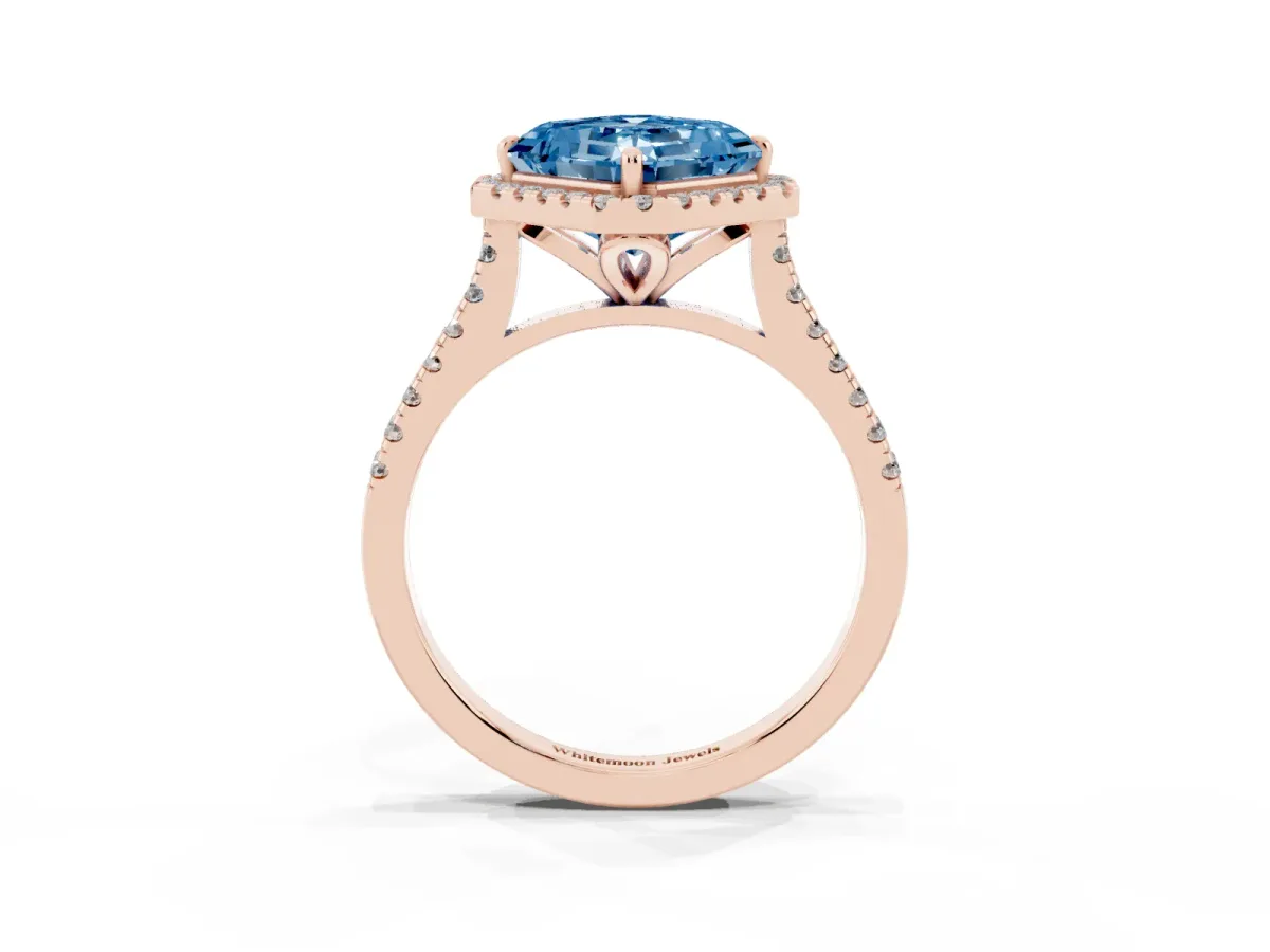 Fancy Blue Asscher Cut Diamond Cushion Halo Ring with Pavé Band Rose gold