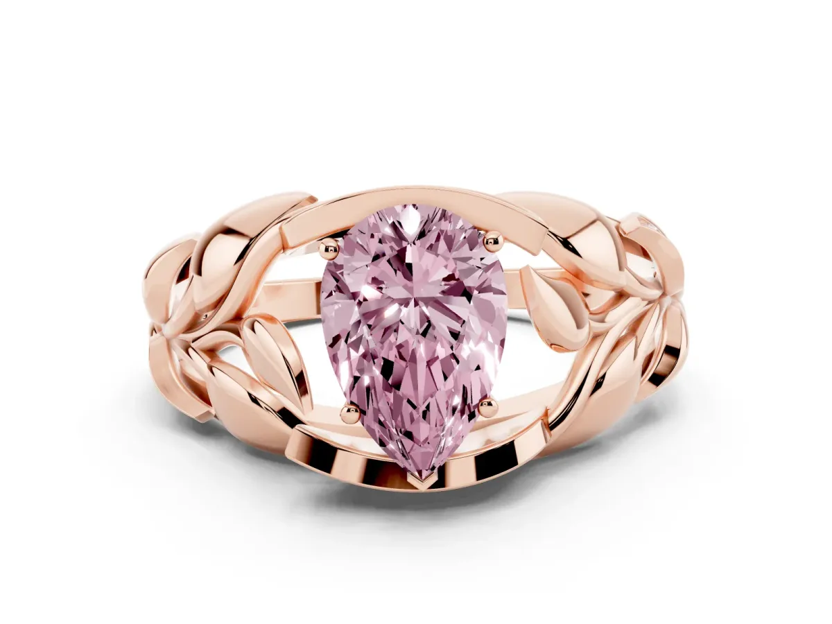 Fancy Pink Pear Cut Diamond Leaf-Inspired Engagement Ring with Round Accents and Prong Setting Rose gold
