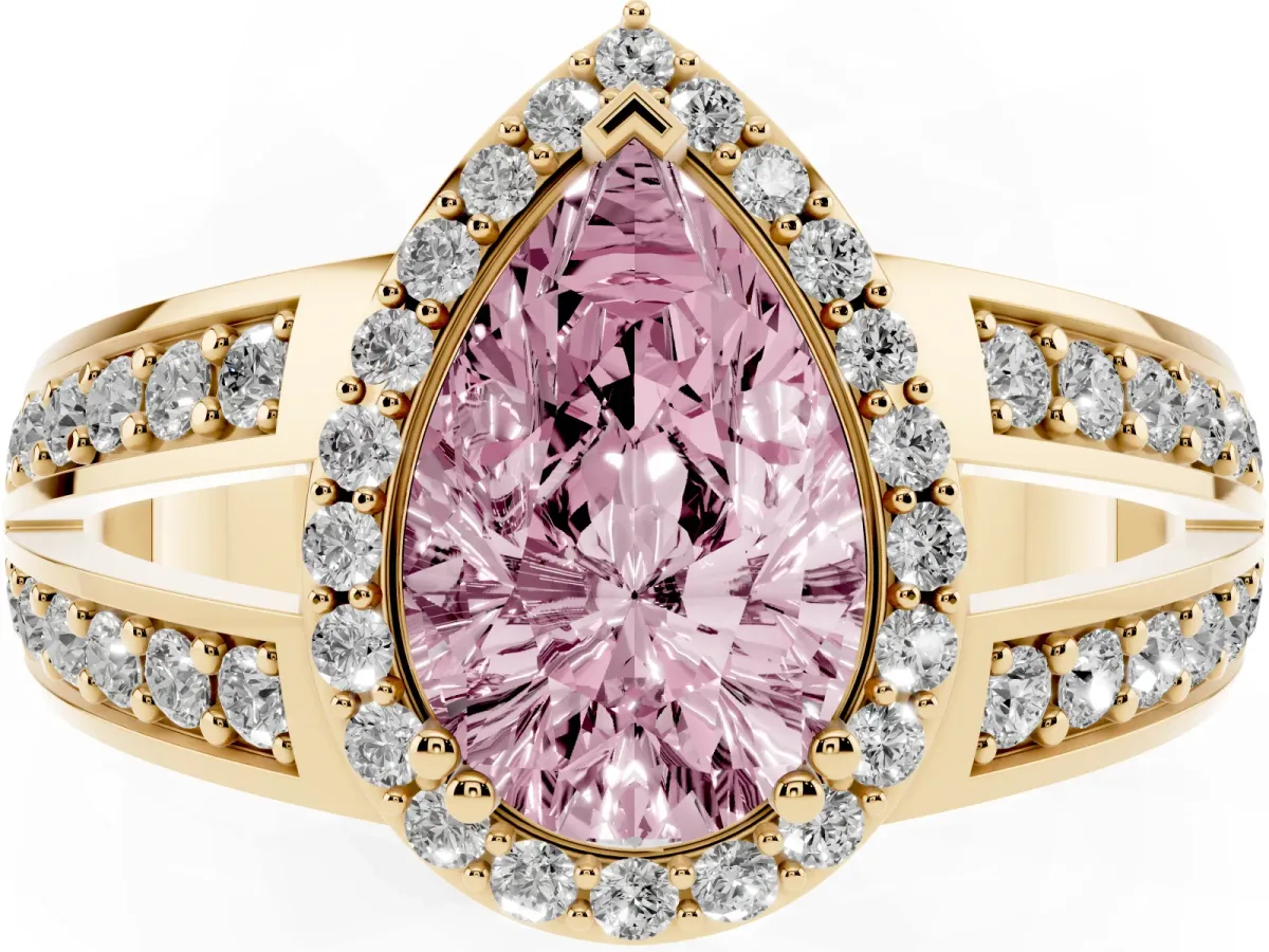 Fancy Pink Pear Cut Diamond Halo Ring with Split Shank Pavé Band and Four-Prong Setting Yellow gold
