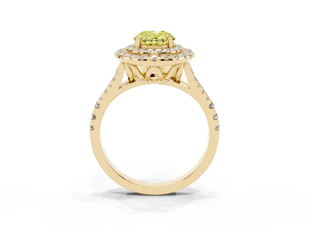 Fancy Yellow Double Halo Oval Cut Diamond Pavé Split Shank Ring with Prong Setting Yellow gold
