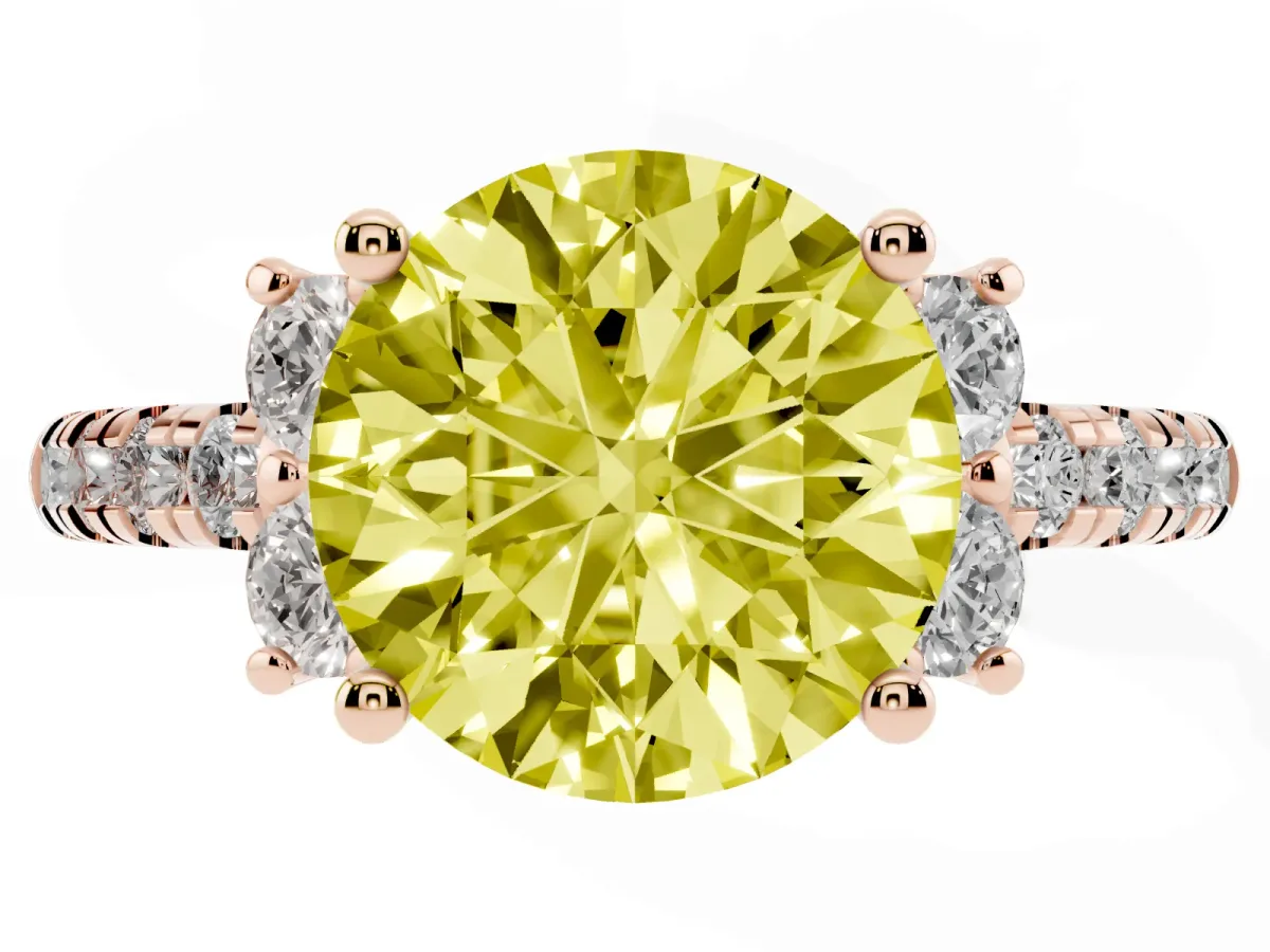 Fancy Yellow Round Cut Diamond Three-Stone Pave Band with Four-Prong Setting Rose gold