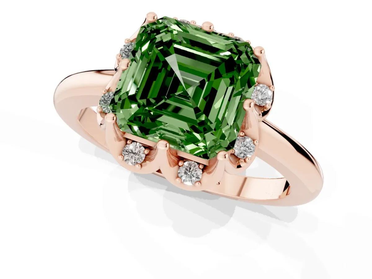 Fancy Green Asscher Cut Halo Diamond Ring with Round Cluster Setting, Solitaire Band, and Four-Prong Setting Rose gold