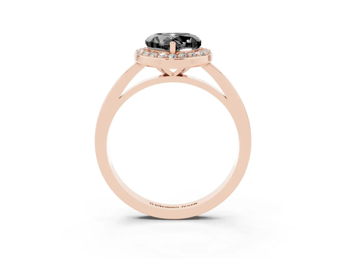 Fancy Black Heart Cut Halo Diamond Ring with Solitaire Band and Prong Setting Rose gold