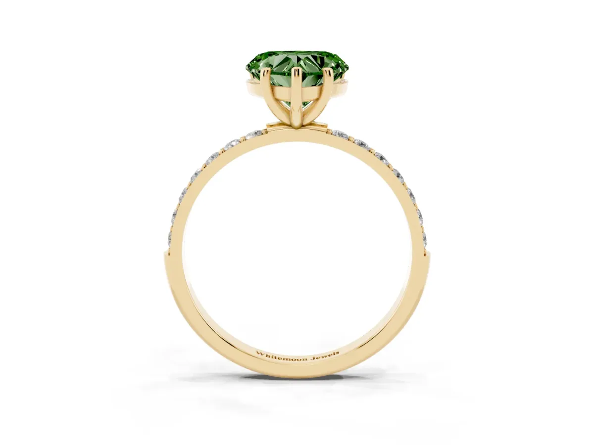 Fancy Green Heart Cut Diamond Solitaire Ring with Round Pavé Shoulders and Prong Setting Yellow gold