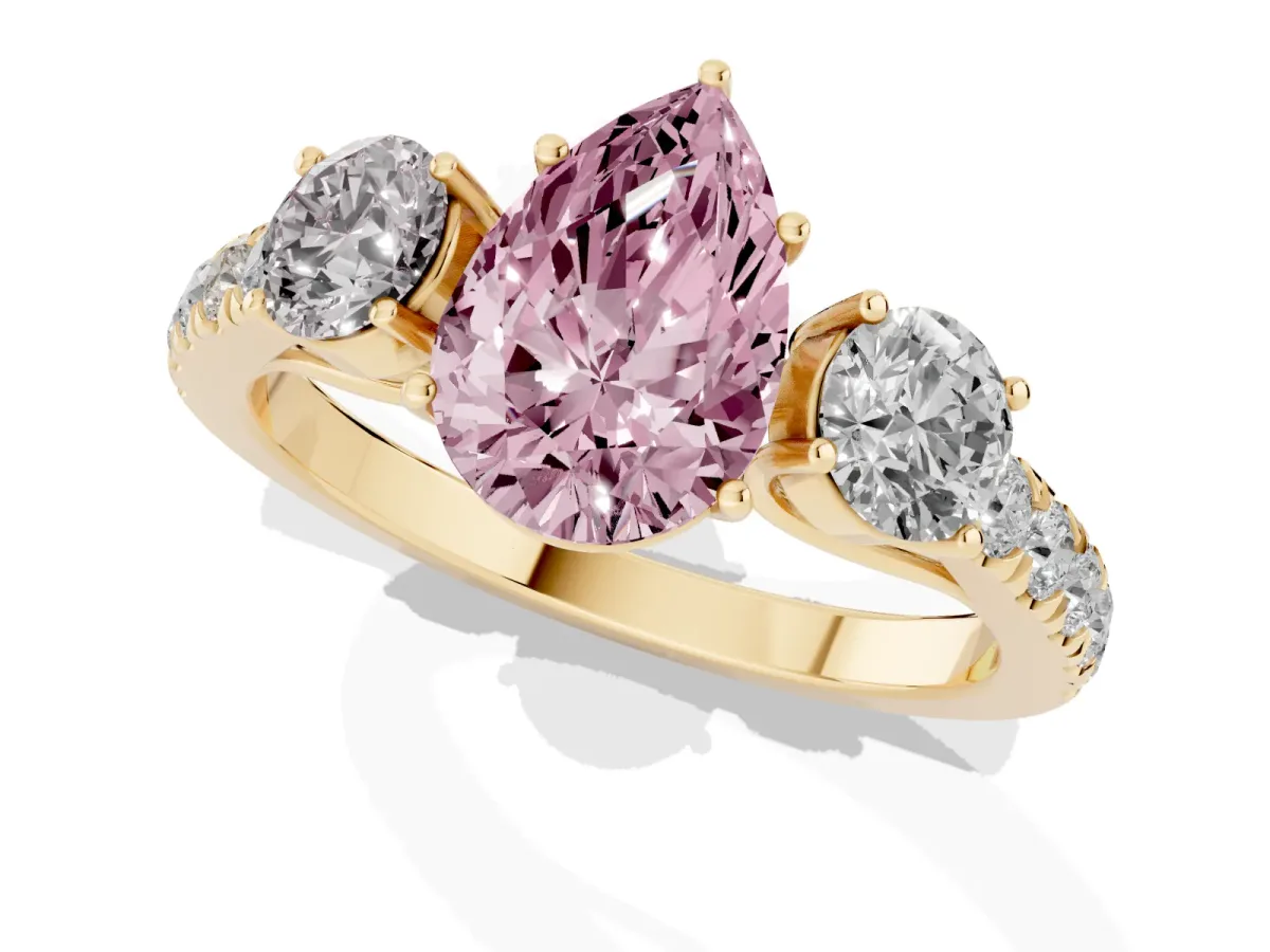 Fancy Pink Pear Cut Cut Diamond Three-Stone Ring with Round Side Stones and Pavé Band Yellow gold