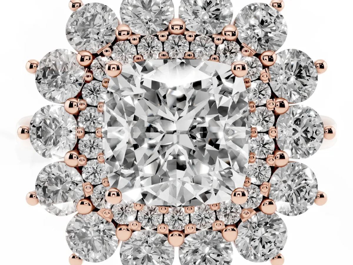 Cushion Cut Diamond Floral Double Halo Engagement Ring with Prong Setting Rose gold