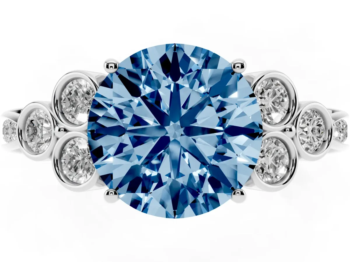 Fancy Blue Round Cut Cut Diamond Engagement Ring with Bezel Set Round Side Stones and Prong Setting Silver