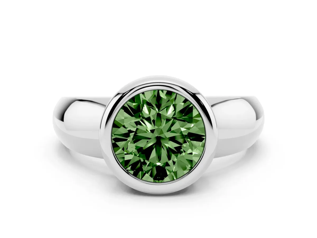 Fancy Green Bezel Set Round Cut Solitaire Ring with Wide Band Silver