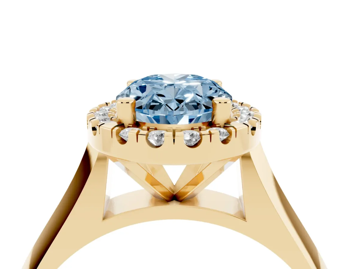 Fancy Blue Oval Cut Cut Halo Solitaire Engagement Ring with Square Band and Four-Prong Setting Yellow gold