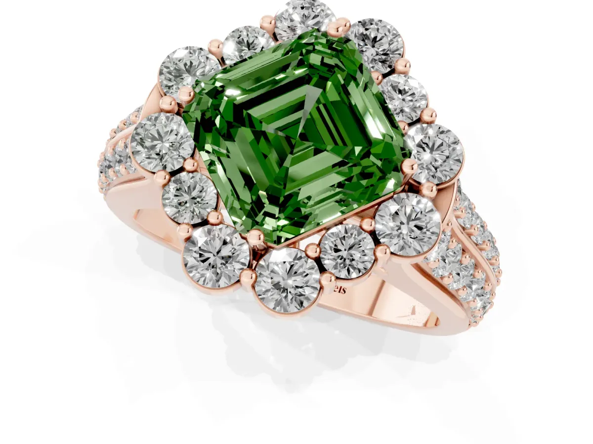 Fancy Green Asscher Cut Halo Diamond Engagement Ring with Split Shank and Prong Setting Rose gold