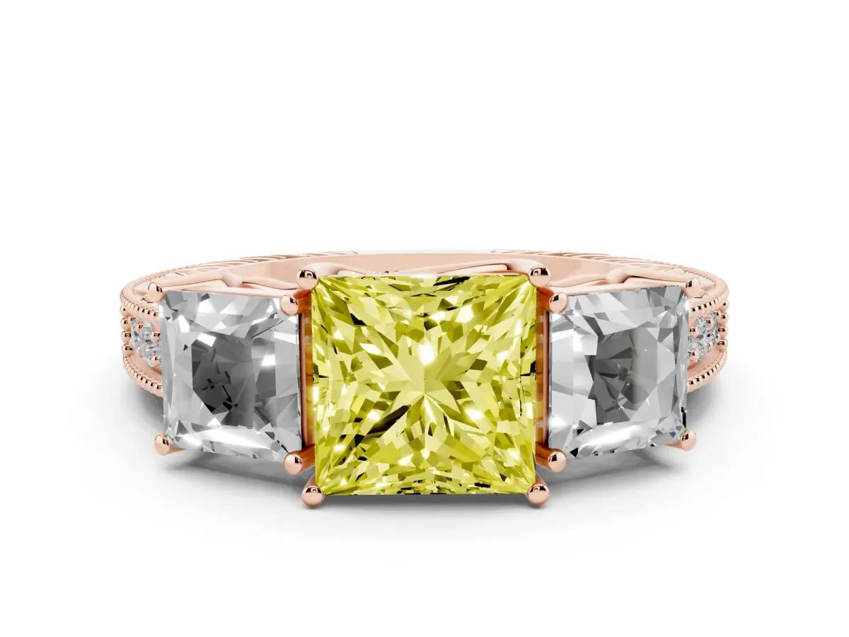 Fancy Yellow Three-Stone Princess Cut Cut Milgrain Pavé Engagement Ring Rose gold
