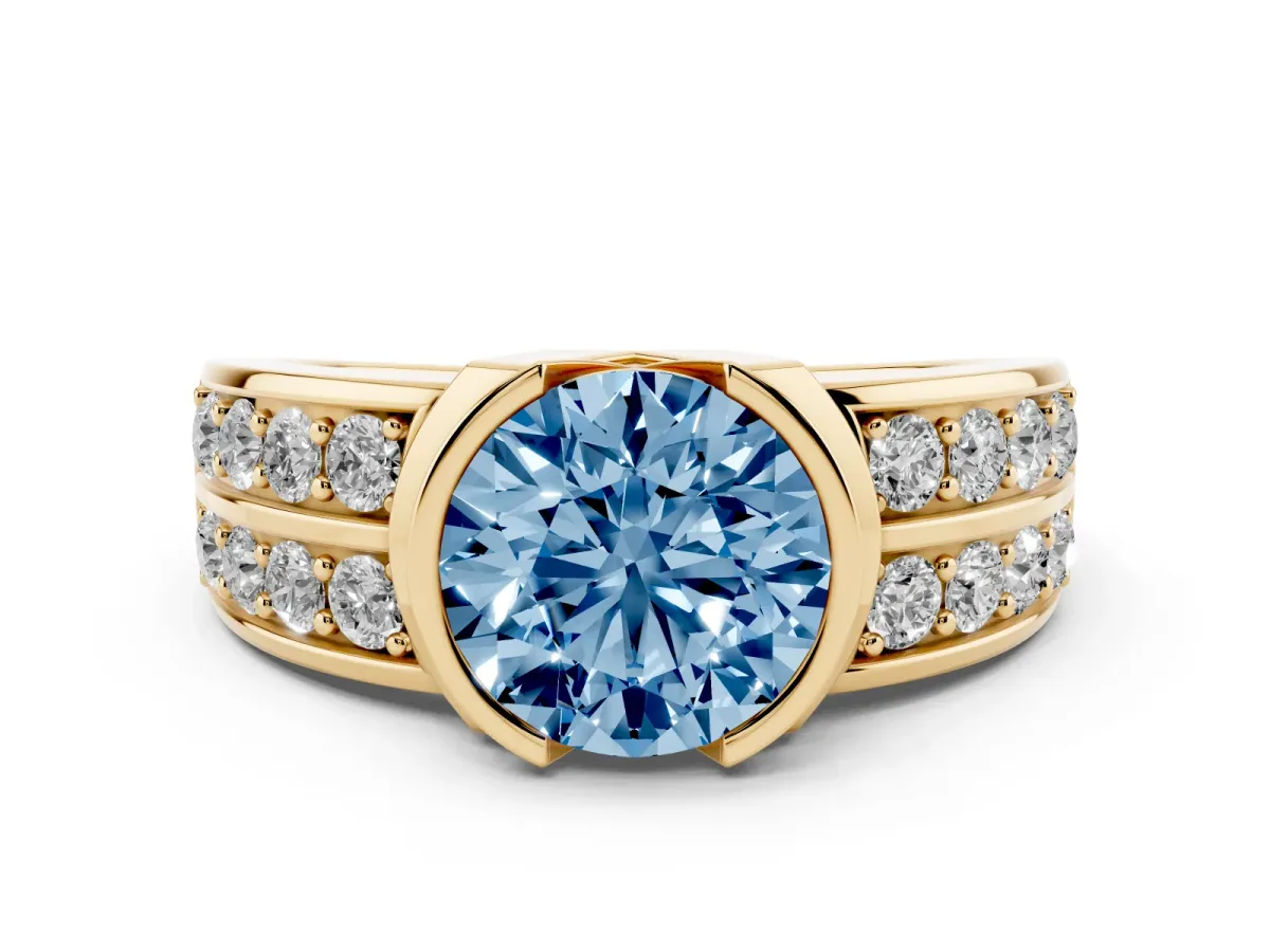 Fancy Blue Round Cut Brilliant Diamond Channel Set Wide Band Ring with Bezel Setting Yellow gold