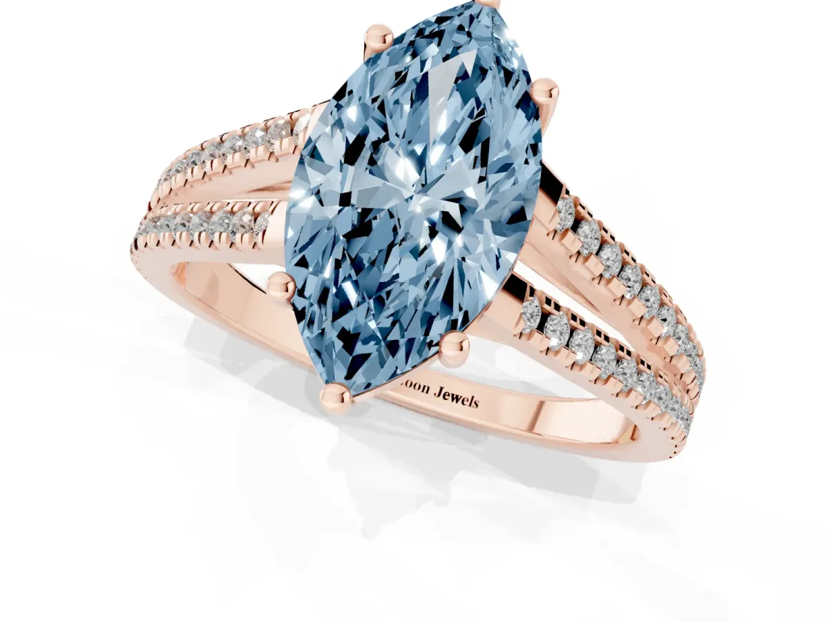 Fancy Blue Marquise Cut Diamond Solitaire Engagement Ring with Split Shank Pavé Band Rose gold