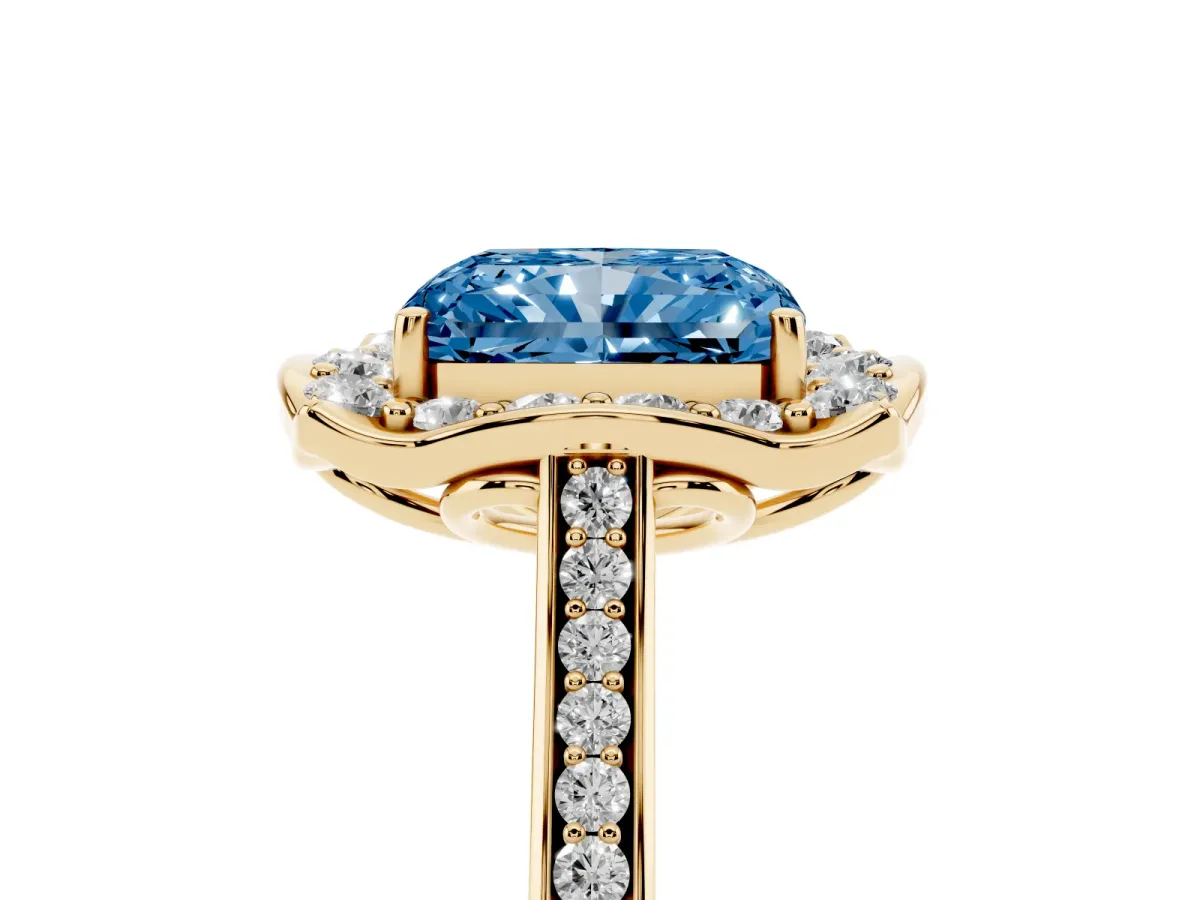 Fancy Blue Radiant Cut Halo Round Diamond Pave Band with Four-Prong Setting Yellow gold
