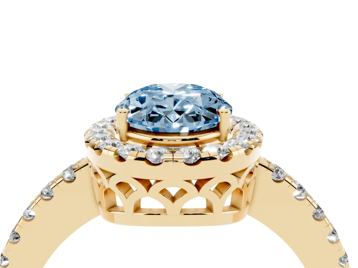 Fancy Blue Oval Cut Halo Diamond Engagement Ring with Pavé Band and Four-Prong Setting Yellow gold