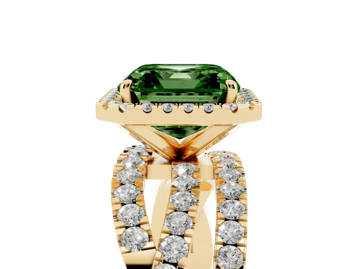 Fancy Green Asscher Cut Diamond Halo Ring with Round Split Shank and Prong Setting Yellow gold
