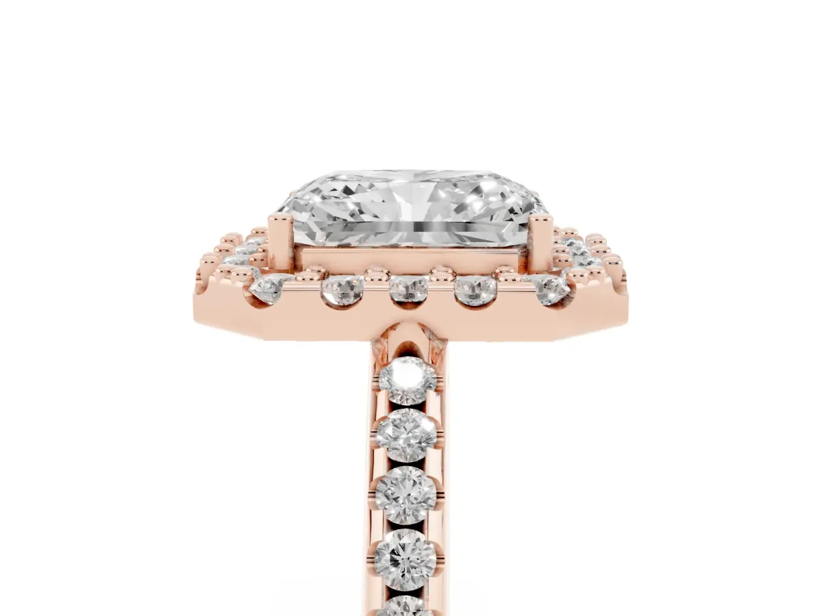 Radiant Cut Diamond Pavé Halo Ring with Four-Prong Setting Rose gold