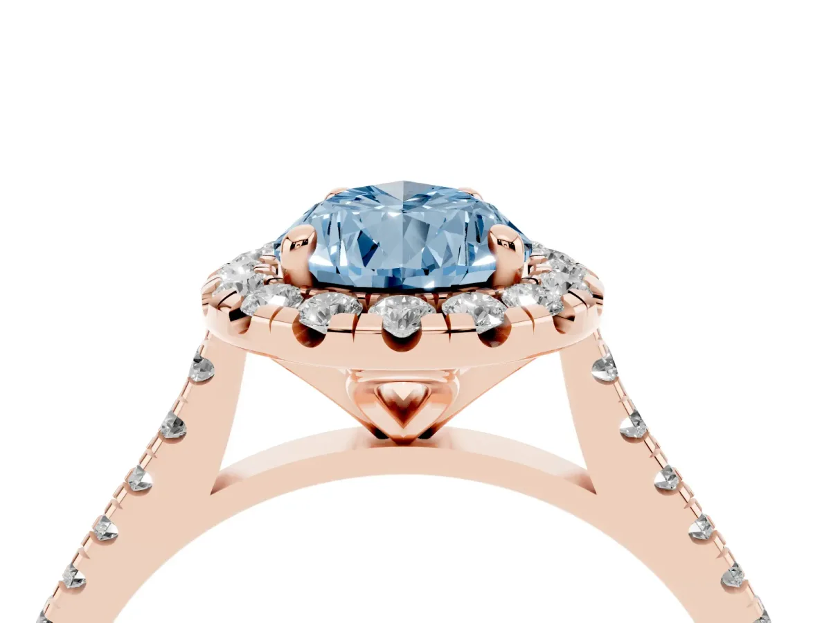 Fancy Blue Pear Cut Diamond Cushion Halo Ring with Pavé Band Rose gold
