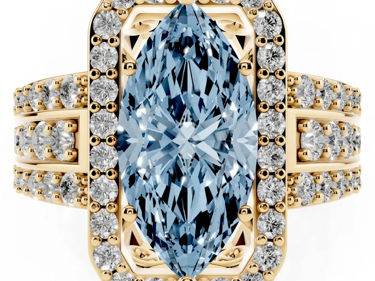 Fancy Blue Marquise Cut Halo Diamond Ring with Round Split Shank and Prong Setting Yellow gold