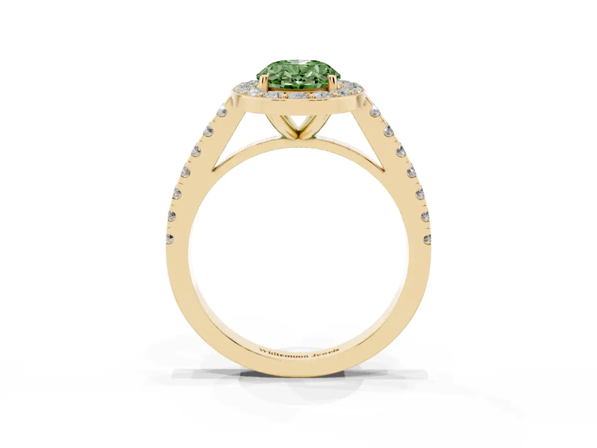 Fancy Green Oval Cut Diamond Halo Ring with Round Pavé Split Shank and Prong Setting Yellow gold