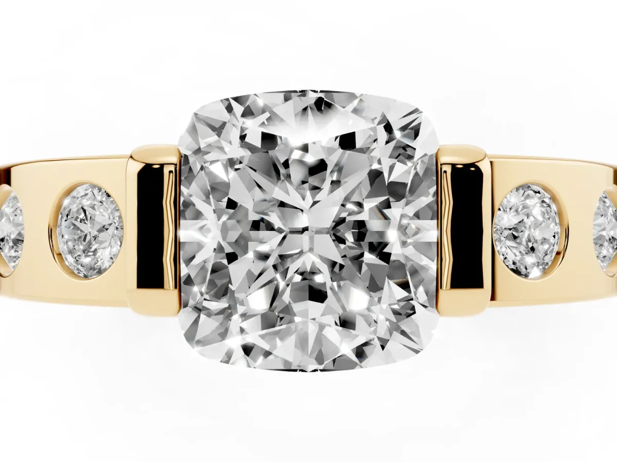 Cushion Cut Brilliant Channel-Set Diamond Ring with Bezel Prong Setting Yellow gold