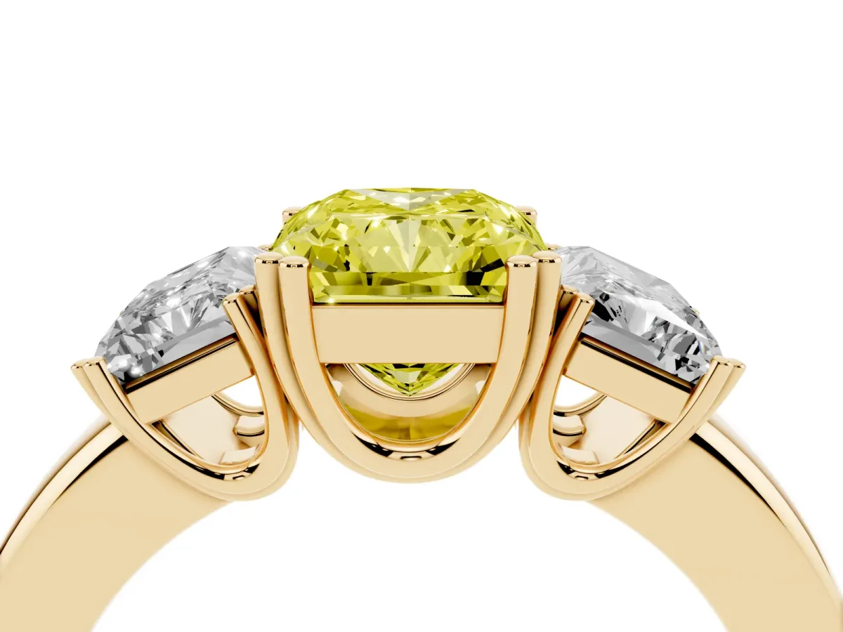 Fancy Yellow Three-Stone Radiant Cut Cut Diamond Ring with Channel Set Band and Four-Prong Setting Yellow gold