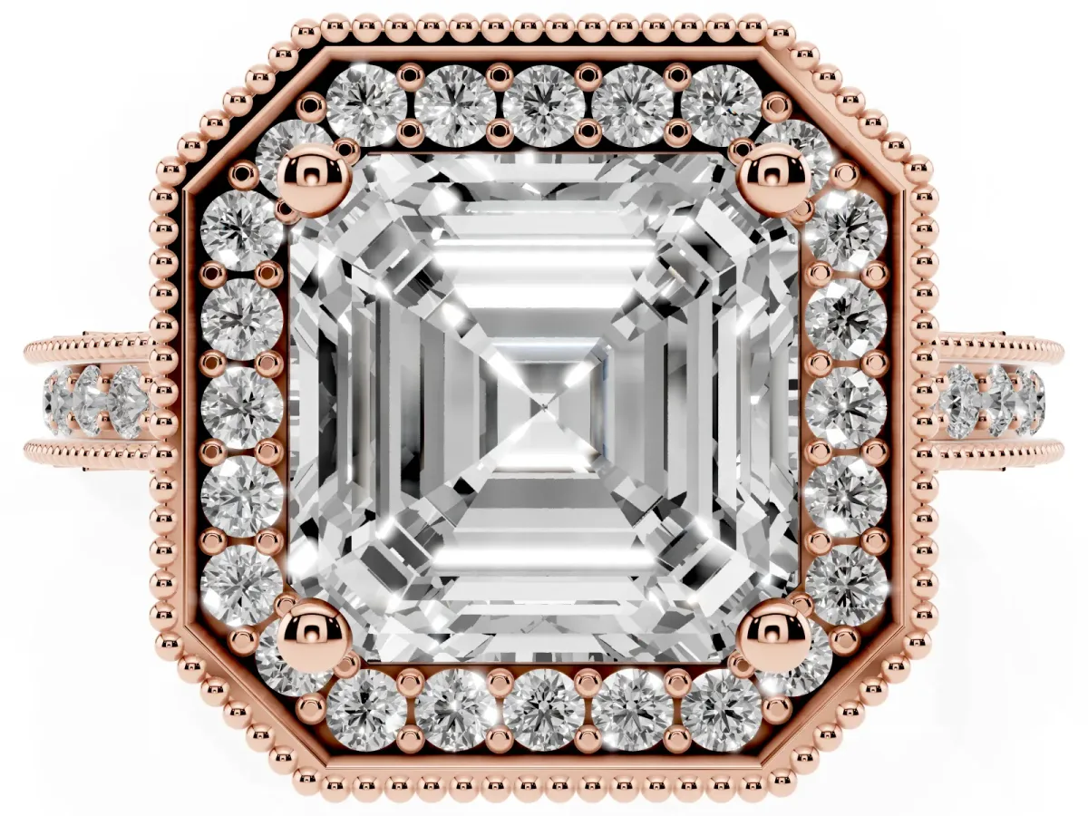 Asscher Cut Diamond Milgrain Halo Engagement Ring with Round Pavé Band and Prong Setting Rose gold